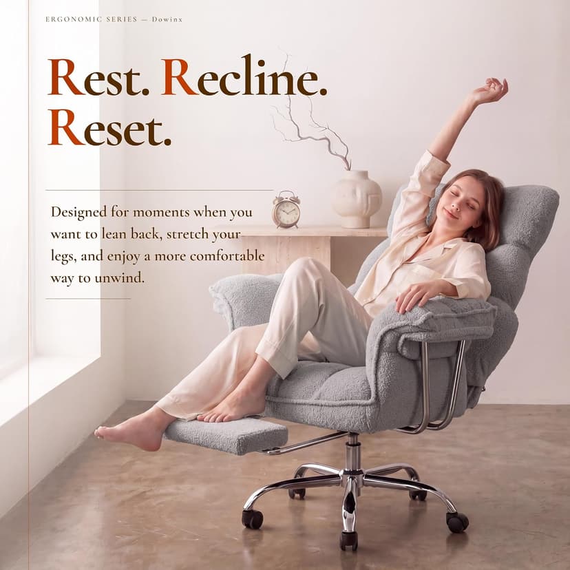 Dowinx Big and Tall Office Chair, Ergonomic Desk Chair with Thick Cushion, Wide Seat & Armrests Computer Gaming Chair,High Back Reclining Teddy Fleece Criss Cross Chair with Foot Rest, Gray