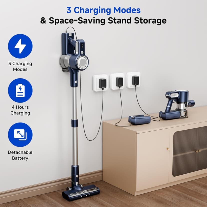 Cordless Vacuum Cleaner, Powerful Suction Vacuum Cleaners for Home, Anti-Tangle Pet Hair Brush, Lightweight, Self-Standing, Green LED Headlight, 6-in-1 Stick Vacuum for Carpet Hardwood Floor-Dark Blue