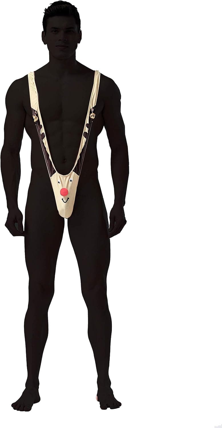 FreeNFond Christmas Gag Gift Reindeer Mankini Men Thong Underwear with Bells for White Elephant Exchange Gifts Valentine's