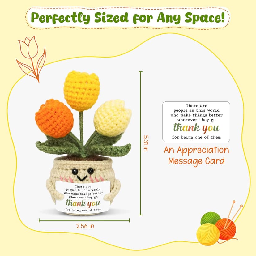 OASSIE Thank You Gifts for Women - Mini Handmade Positive Tulip Flowers Crochet with Message Card - Christmas Birthday Farewell Employee Appreciation Gifts for Coworkers, Emotional Support Crochet