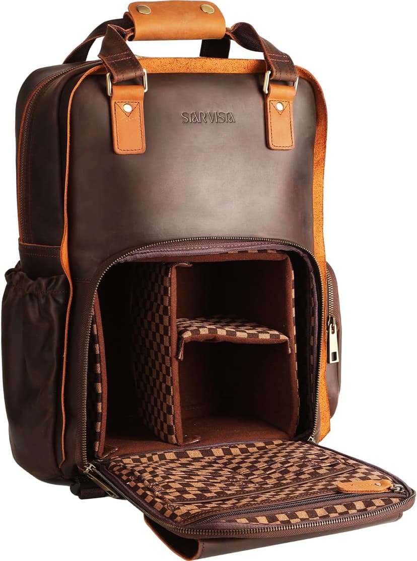 STAR VISTA Bernini Vintage Full Grain Leather Camera Backpack for DSLR/SLR, Camera Case for Photographers, with Tripod Holder, Fits 15.6" Laptop, Casual Outdoor Rucksack, YKK Zippers