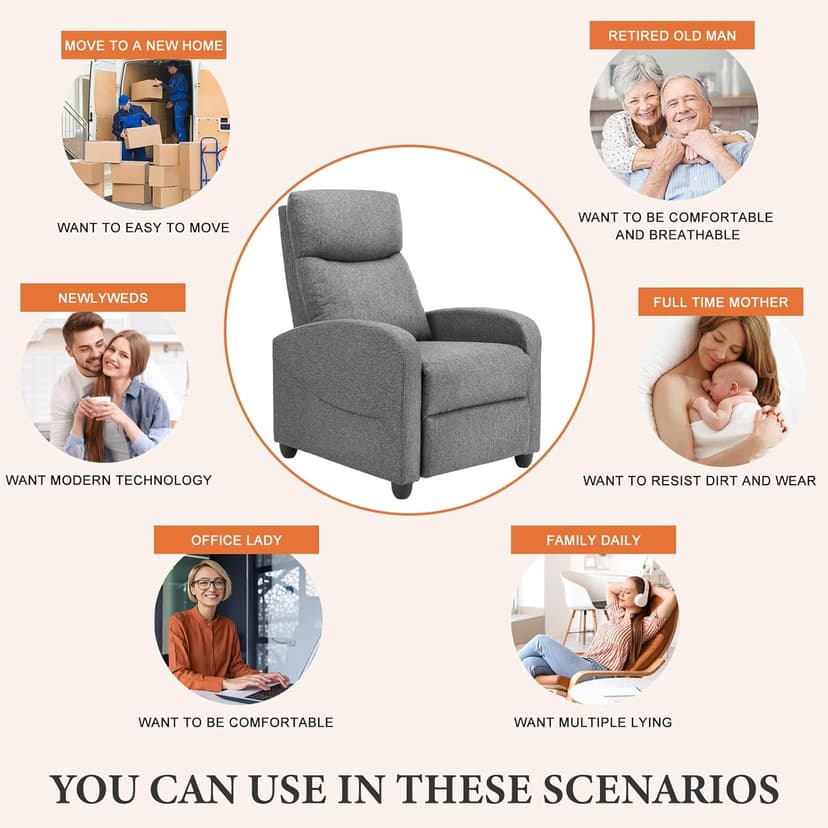 Sweetcrispy Massage Recliner Chair for Adults, Adjustable Home Theater Seating with Lumbar Support for Living Room, Modern Fabric Reclining, Cool Gray