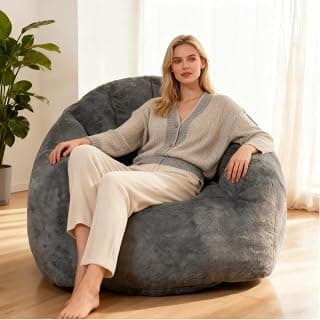 Bean Bag Chair, Giant Beanbag Chiars for Adults, Faux Fur Shell-Shaped Floor Sofa with Filler, Comfy Chair for Reading, Gaming and Relax (Grey)