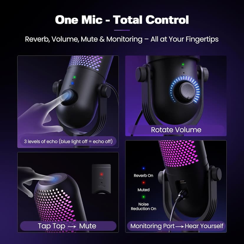 USB Microphone for PC Gaming: Condenser Microphone RGB for Gamer with Stand Mic - Recording Mic for Computer&Laptop with Qiuck Mute - Desk Podcast Mic for Podcast & Singing & Streaming & Youtube Black