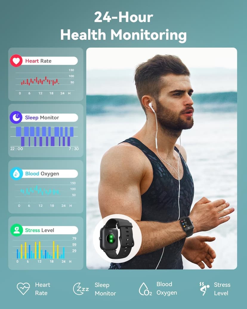 Smart Watches for Women/Men, Smart Watch for Android Phones and iPhone Compatible, Alexa Built-in, 1.8" Fitness Watches for Women, IP68 Waterproof /Bluetooth Call, Heart Rate/Sleep Monitor, Black