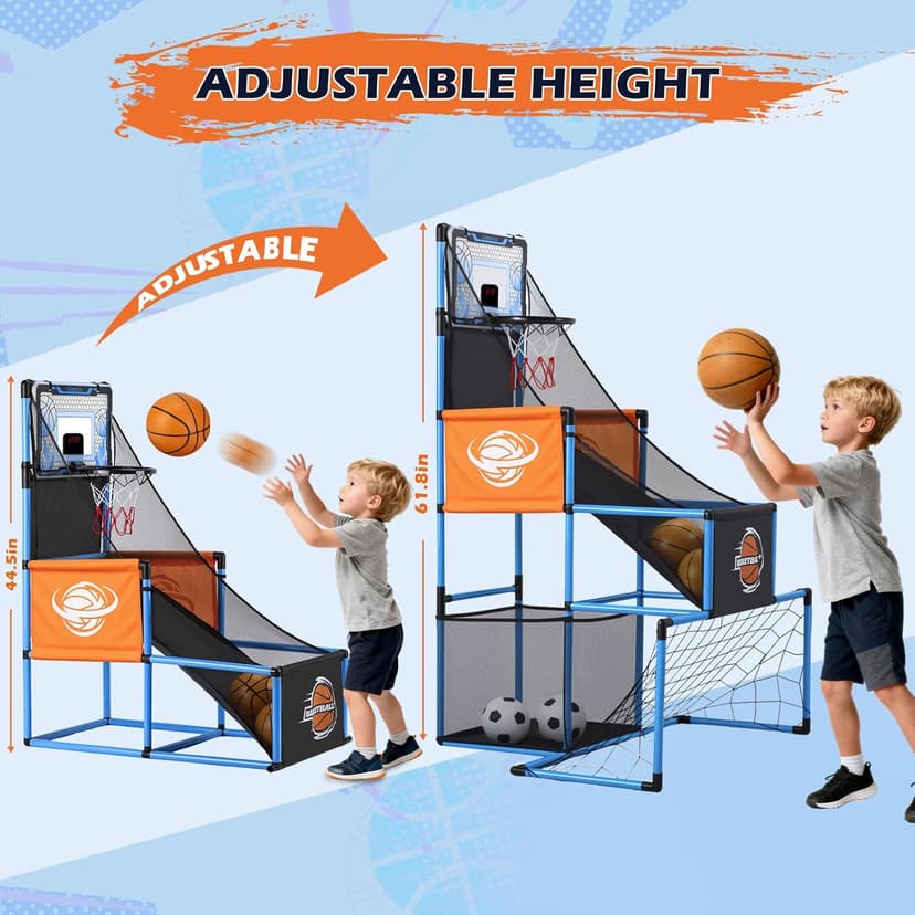 2 in 1 Basketball Arcade Game & Soccer Goal for Kids, Adjustable Kid Basketball Hoop with 6 Balls and Pump, Indoor Outdoor Games for Kid Toys for 3-12 Year Old Kids Birthday Gifts for Boys Girls