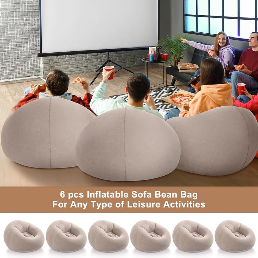 Realspring 6 9 12 Pcs Inflatable Bean Bag Chairs for Adults with Electric Air Pump, Blow up Couch Folding Portable Inflatable Couch Lazy Sofa for Outdoor Movie Night Camping(Coffee,6 Pcs)