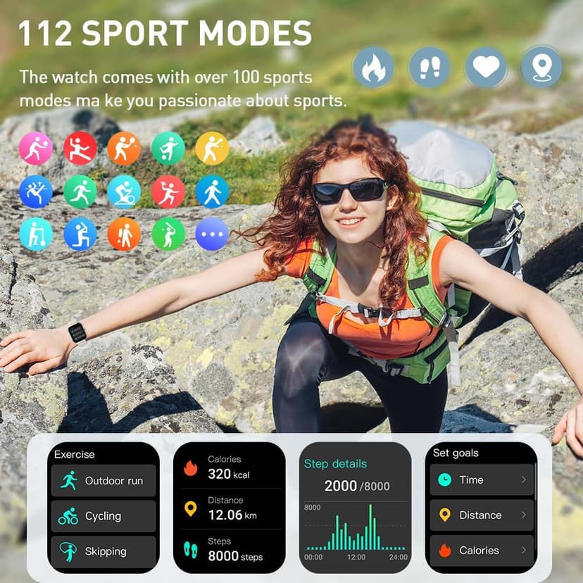 Smart Watch(Answer/Make Call), 1.96" HD Smartwatch for Men Women, 2025 Fitness Watch with 110+ Sport Modes/Heart Rate/Sleep Monitor/Pedometer, IP68 Waterproof Fitness Activity Tracker for Android iOS