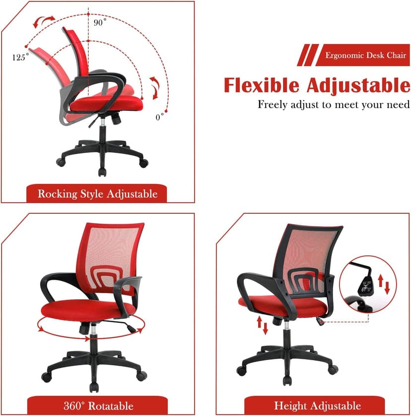 Office Chair, Desk Chair with Lumbar Support Arms, Adjustable Computer Chair with Breathable Mesh Backrest, Home Office Desk Chairs for Student, Adults, Study, Dorm, Comfortable Office Chair(Red)