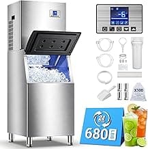 Commercial Ice Maker Machine, 680LBS/24H Ice Production with 560LBS Storage Bin, Industrial Ice Machine with Self-Cleaning, 12 Adjustable Ice Thickness Levels, Stainless Steel