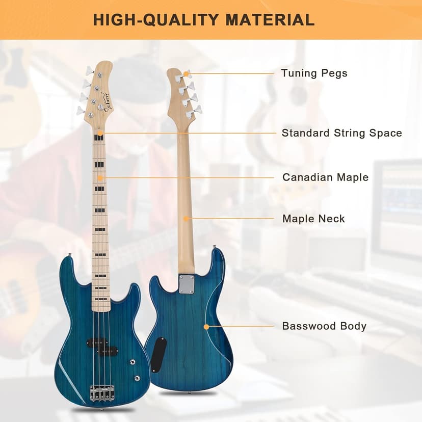 GLARRY GP Series Full Size Electric Bass Guitar 4 String Beginner Kit Canadian Maple Fingerboard with Cable, Strap, Bag and Accessories(Blue)