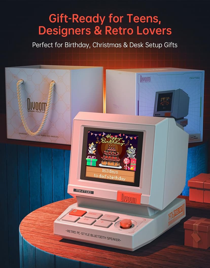Bluetooth & USB Audio, Alarm/White Noise Clock, Desk Setup Gifts for Gaming Divoom MiniToo Retro PC-Style Computer Speaker, Pixel Screen with DIY Faces B0FRF3XGQ4
