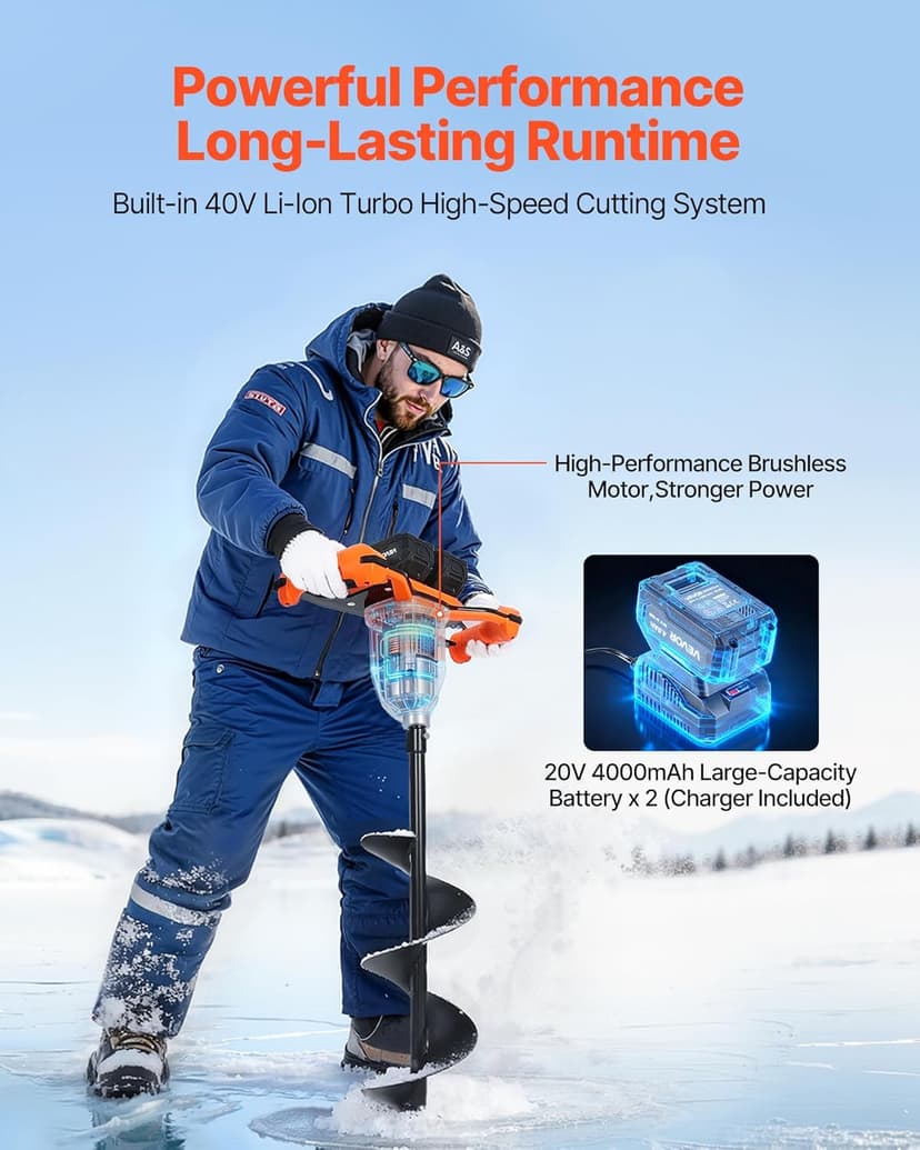 VEVOR 20V/40V Electric Ice Auger, 8 inch Diameter, 2 in 1 Battery Powered Ice Fishing Augers and Earth Auger Combo with Top Plate, Turbo High-Speed Cutting System and Blade Guard