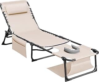 Flamaker Face Down Chaise Lounge Chair 5-Position Adjustable Sunbathing, Foldable Tanning Chair with Face& Arm Holes, Outdoor Recliner Chair for Pool, Beach, Patio, Lawn (Beige, 1 Pcs)