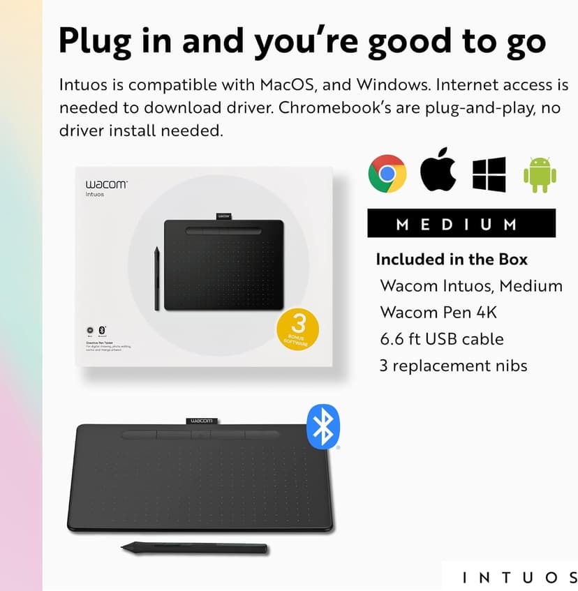 Wacom Intuos Medium Bluetooth Graphics Drawing Tablet, Portable for Teachers, Students and Creators, 4 Customizable ExpressKeys, Compatible with Chromebook Mac OS Android and Windows - Black