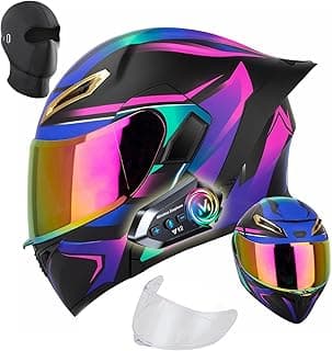Womens Motorcycle Helmet with Bluetooth - DOT Modular Motorcycle Helmets with Dual Visor, Flip Up Full Face Purple Helmet with Speaker and Mic
