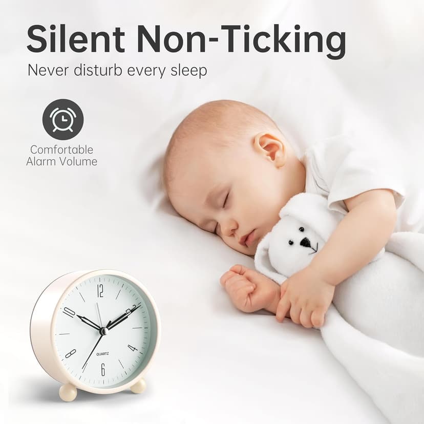 Analog Alarm Clock, 4 inch Super Silent Non Ticking Small Clock with Night Light, Battery Operated, Simple Design, Old Fashioned Style Cream Decor, for Bedroom, Bedside, Desk, Adult, Kid, Gift, White