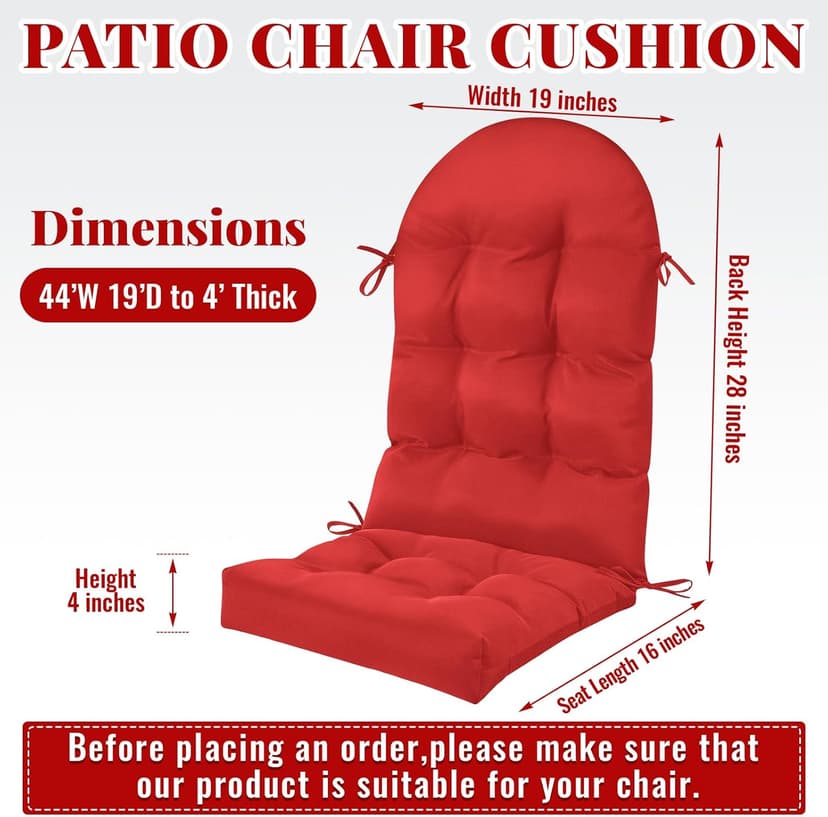 Geelin 4 Pcs Outdoor Patio Chair Cushion Thick High Back Adirondack Chair Cushion Tufted Weather & Fade Resistant Anti-Slip Outside Rocking Chairs Pads with Ties, 44 x 19 x 4 Inch (Red)