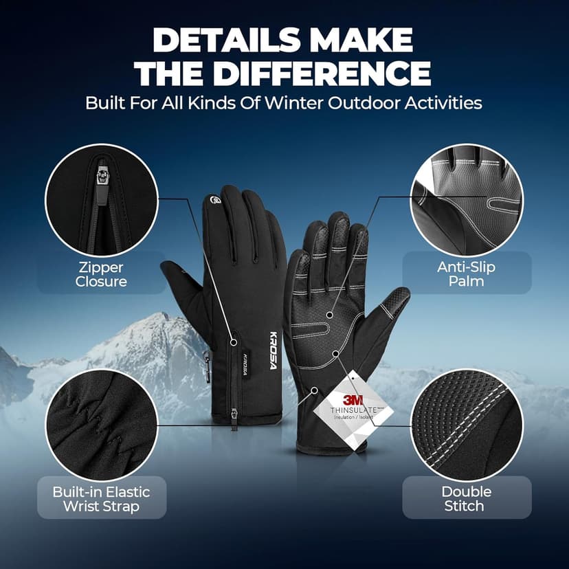 krosa 5-Layer Winter Gloves for Men & Women Made with 3M Thinsulate, -10℉ Waterproof Work Gloves for Cold Weather, Snow Ski Gloves with 10 Touchscreen Fingers