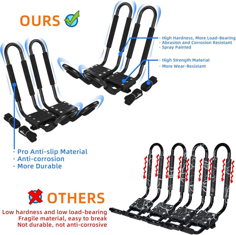 PIRIPARA Kayak Roof Rack 2 Pairs J-Bar Carrier Holder for Canoe, SUV, Cars, Truck, Surf Ski, Car Top Mount Racks for Trip, Set of 4
