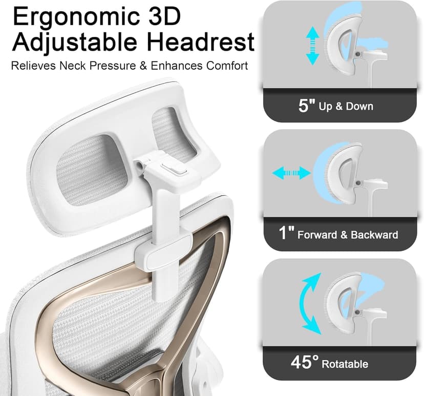 Ergonomic Office Chair for Back & Neck Pain Relief, Virgin Foam Seat, 2D Adjustable Lumbar & 3D Headrest, Tilt & Rock for Relaxation, Ideal for Long Sitting Comfort, White/Gold