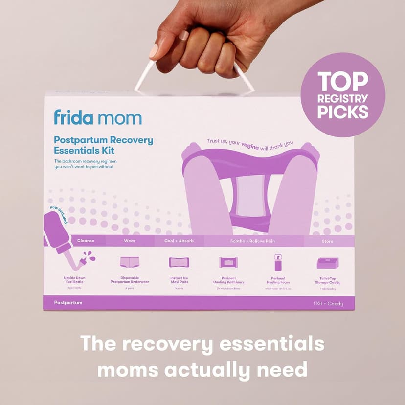 Frida Mom 11pc Postpartum Essentials Kit Gift Set, Hospital Bag Must Haves for New Mom, Includes 4 Disposable Postpartum Underwear, 4 Ice Maxi Pads, Perineal Healing Foam & 24 Pad Liners & Peri Bottle
