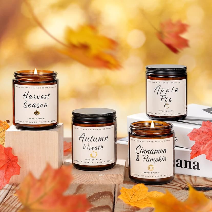 Auelife Fall Candle Set | 4 Pack Scented Candles for Home - Candle Gifts for Women Men, Soy Candles Home Scented | Autumn Fragrance of - Apple Pie/Cinnamon/Harvest/Wreath B0CC98RMFT