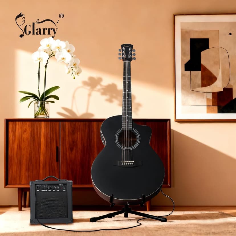GLARRY 41in Full Size Acoustic Electric Guitar Beginner Kit with 15W Amp, 5-band EQ Cutway Design 6 Strings Electric Acoustic Guitar with Bag, Strap, Picks, Strings, Wrench (Black)