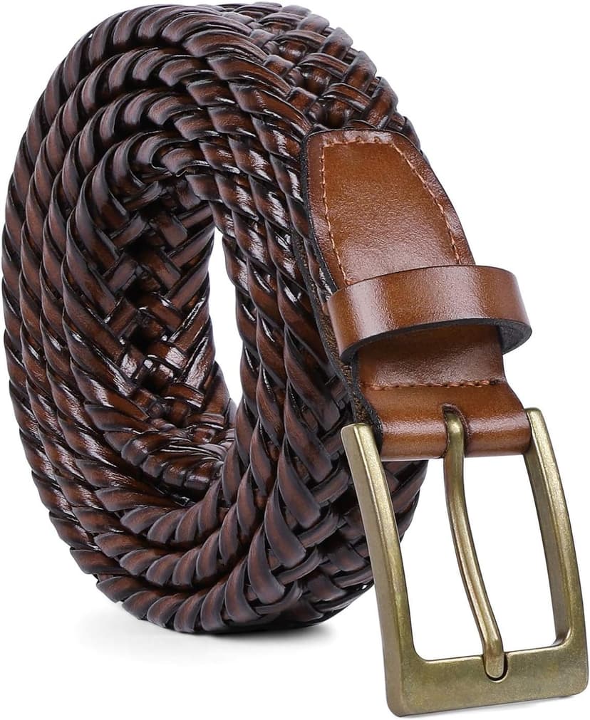 JASGOOD Men's Braided Leather Belt, Braided Woven Belt for Men Casual Jeans with Solid Strap Single Prong Buckle