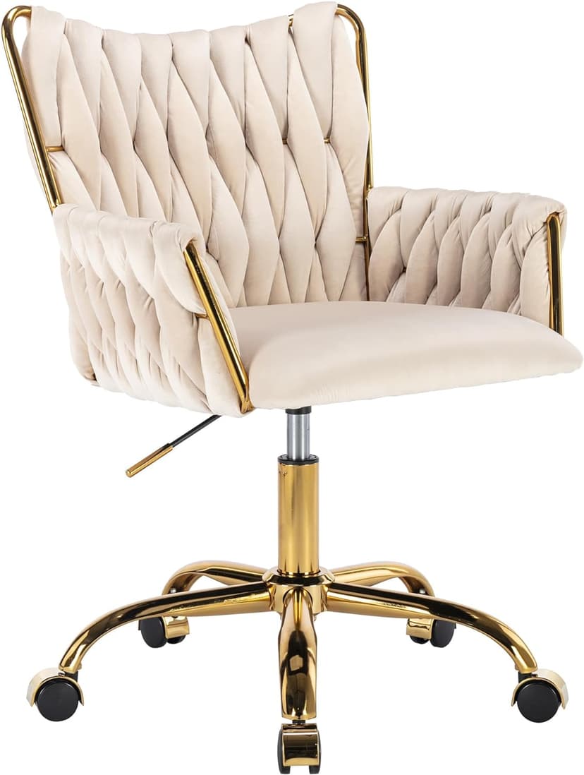 KCC Modern Velvet Home Office Desk Chair with Hand Woven Backrest, Upholstered Adjustable Makeup Vanity Chair with Armrest and Golden Metal Base with Wheels for Living Room Bedroom Study(Beige)