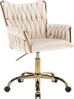 KCC Modern Velvet Home Office Desk Chair with Hand Woven Backrest, Upholstered Adjustable Makeup Vanity Chair with Armrest and Golden Metal Base with Wheels for Living Room Bedroom Study(Beige)
