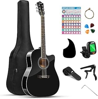 Moukey 41" Acoustic Guitar for Beginners Adult Teen Full Size Guitarra Acustica with Chord Poster, Gig Bag, Tuner,Steel Strings, Capo, Strap - Black