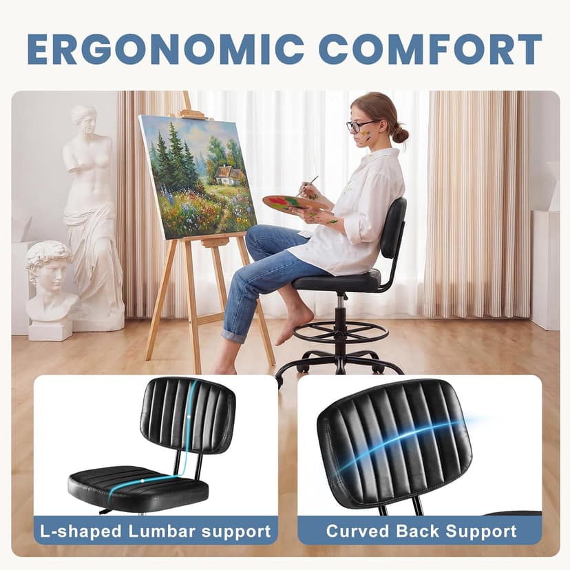 DUMOS Armless Drafting Chair, Low Back Office Seat with Adjustable Footrest Ring for Standing Desk, Ergonomic PU Leather Office Seating, Swivel Rolling High Stool for Studio, Lab, Counter, Black