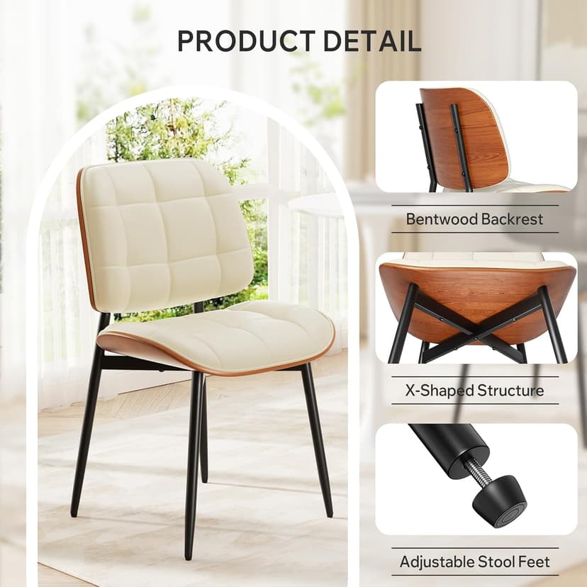 Dining Chairs Set of 2, Mid Century Modern Dining Room Chair with Thick Cushion, Upholstered Faux Leather Kitchen Chairs with Walnut Bentwood Back for Kitchen Dining Room, Beige