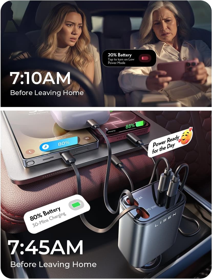 LISEN Retractable Car Charger, 69W USB C Car Accessories Adapter for iPhone 17 USB C Charger Fast Charging, Gifts for Women Men, Travel Essentials, for iPhone 17 Pro Max Air 16 15 14 13 12 Samsung S25