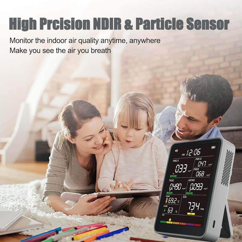 Professional Indoor Air Quality Monitor with AQI Alerts, Portable Real-Time Detector for Home, Car, Plants & Pet (Smog Gray)