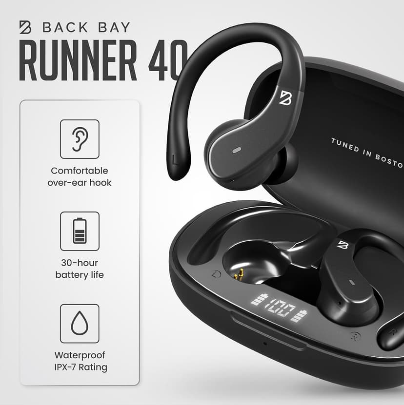 Back Bay Audio - Runner Wireless Earbuds for Running, Workout Wrap Around Earbuds Bluetooth Headphones for Sports, Around The Ear Wireless Bluetooth Running Headphones, Hook Over Earphones Earhooks