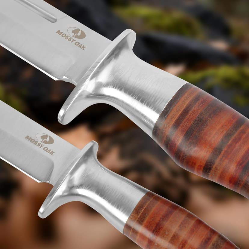 Mossy Oak Fixed Blade Bowie Knife, 2-piece Hunting Knife with Leather Handle Featuring Laser Pattern, Sheath Included