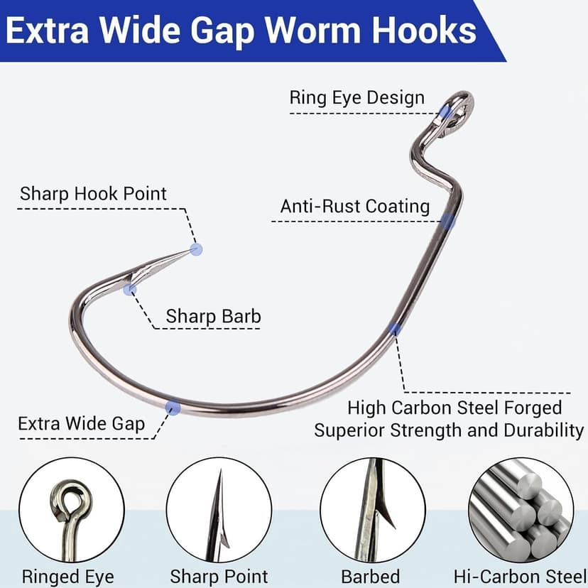 FINOSEAK 120Pcs Bass Hooks Set, Strong Offset Bass Fishing Hooks Freshwater Barbed Sharp Worm Hooks for Texas Rigging Fishing Extra Wide Gap 6 Sizes Assorted #1 1/0 2/0 3/0 4/0 5/0
