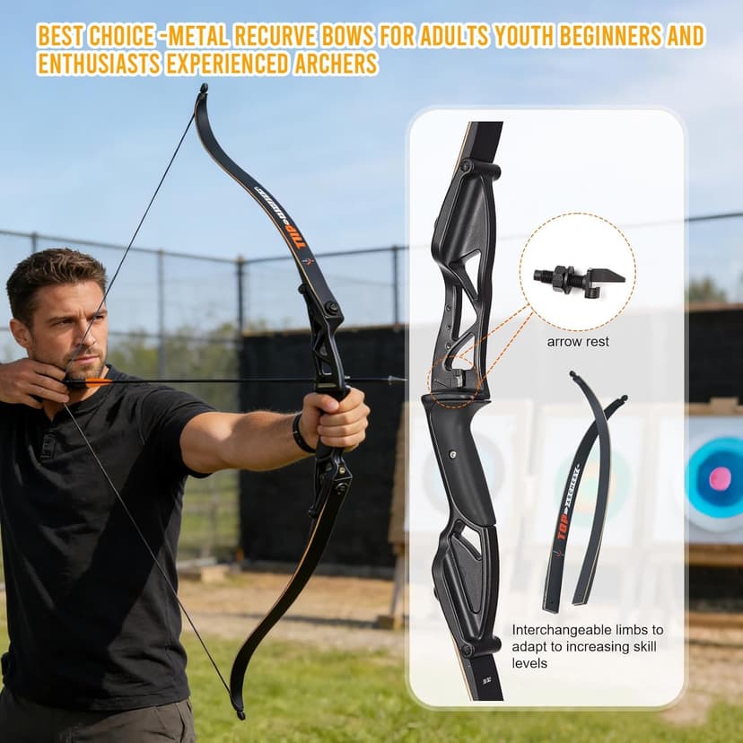 TOPARCHERY Archery 56" Takedown Hunting Recurve Bow Metal Riser Right Hand Longbow