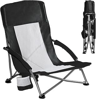 DUMOS Low Camping Beach Chair, Lightweight Folding Portable Beach Chair with Cup Holder, Storage Pocket, Breeze Mesh Back, Padded Armrests, Low Profile Chair for Camp, Picnic, Lawn, Sand, Black