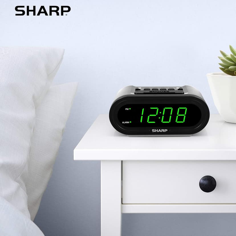 Sharp Digital Alarm with AccuSet - Automatic Smart Clock, Never Needs Setting - Great for Seniors, Kids, and Everyone who Doesn't Want to Set a Clock! Silver Case with Green LEDs