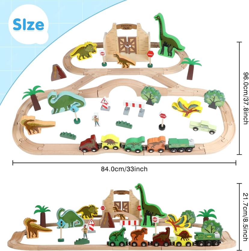 Wooden Train Set, Dinosaur Toys for Kids 3-5, Compatible with Major Brands, STEM Railway Playset, Ideal Wooden Train Track Set for 3 4 5 6 7 8 Year Old Kids Boy Girl