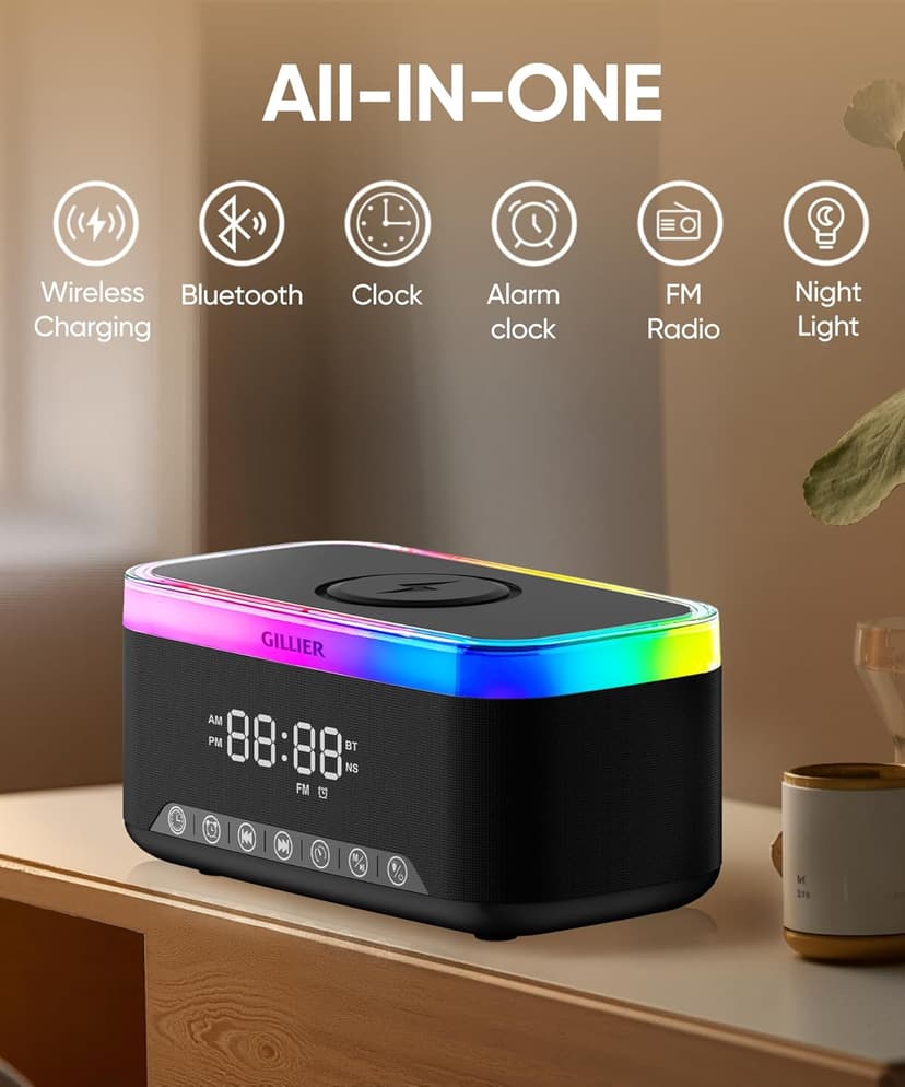 GILLIER Wireless Charging Alarm Clock Radio for Bedrooms – 15W Fast Wireless Charger Station for iPhone/Samsung, Bluetooth Stereo Speaker with FM Radio, Dimmable Display, USB Port, Sleep Timer, Black