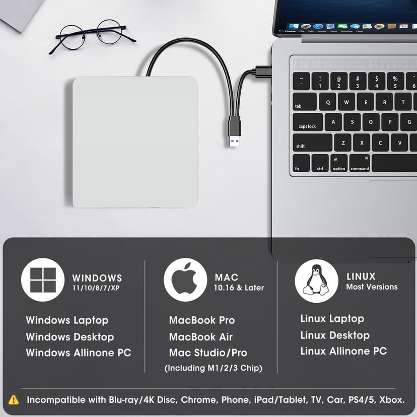 ROOFULL External CD DVD Drive for Mac Laptop, USB 3.0 & USB-C CD DVD Reader Writer Burner Player ROM/RW Portable Optical Disc Drive for Apple MacBook Pro, iMac, Windows 11/10/8/7 Computer PC, White