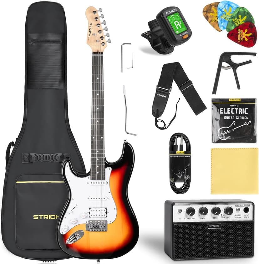 STRICH Electric Guitar Left Hand Beginner Kit, Solid Body 39" Electric Guitar HSS Pick Up for Starter, with 5W x 2 Amp, Bag, Capo, Strap, String,Cable, Picks, SST-S20L Sunburst