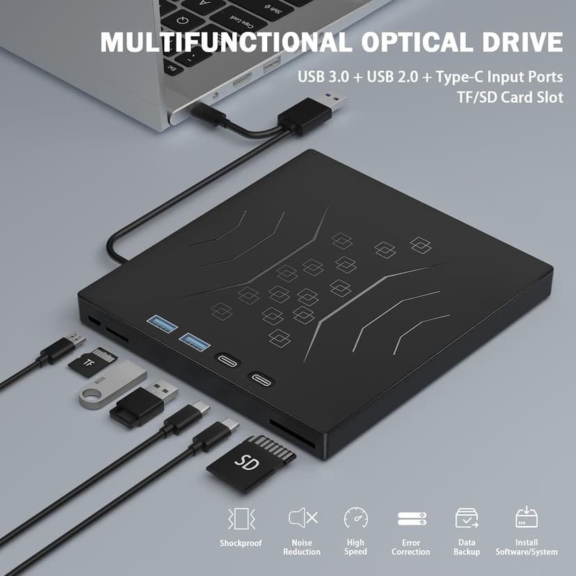 7 in 1 External DVD Drive, External CD/DVD Drive for Laptop USB 3.0 & Type-C, Portable CD/DVD +/-RW Disk Drive, CD/DVD Burner CD ROM External Drive for Laptop Desktop PC Windows 10/11 XP Mac Linux