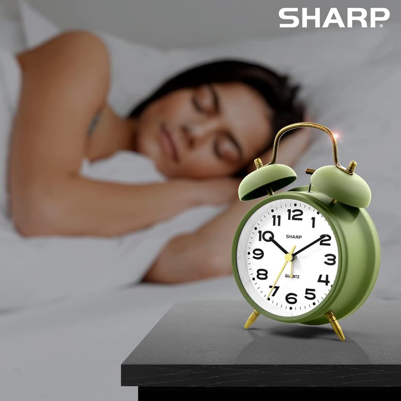 Sharp Twin Bell Alarm Clock, Loud Alarm Great for Heavy Sleepers - Stylish Matte Finish with Rustic Bronze Accents, Battery Operated (Matte Sage)