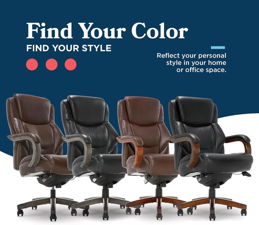 La-Z-Boy Delano Big and Tall Executive Office Chair - Ergonomic Lumbar Support Memory Foam - Bonded Leather Desk Chair for Home Office - Mahogany Wood Arms - Black