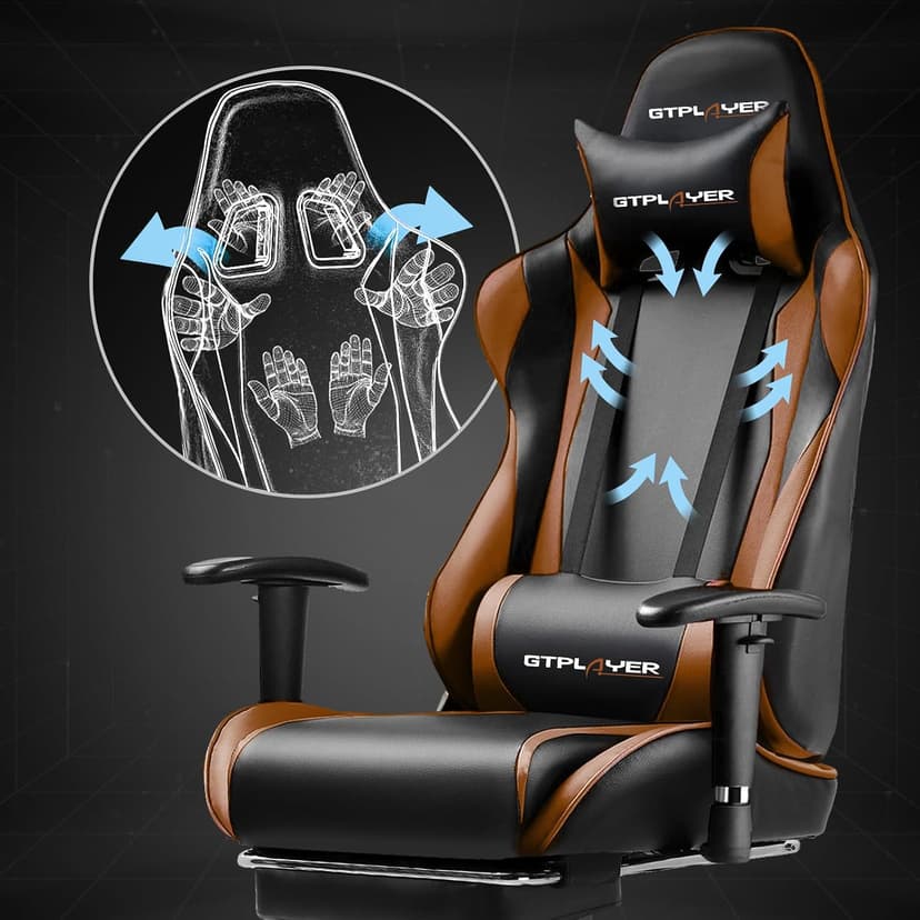 GTPLAYER Gaming Chair with Footrest, Ergonomic Computer Game Desk Chair, Recline Gaming Chair Seat Height Adjustment, Swivel Rocker with Headrest and Lumbar (Brown)
